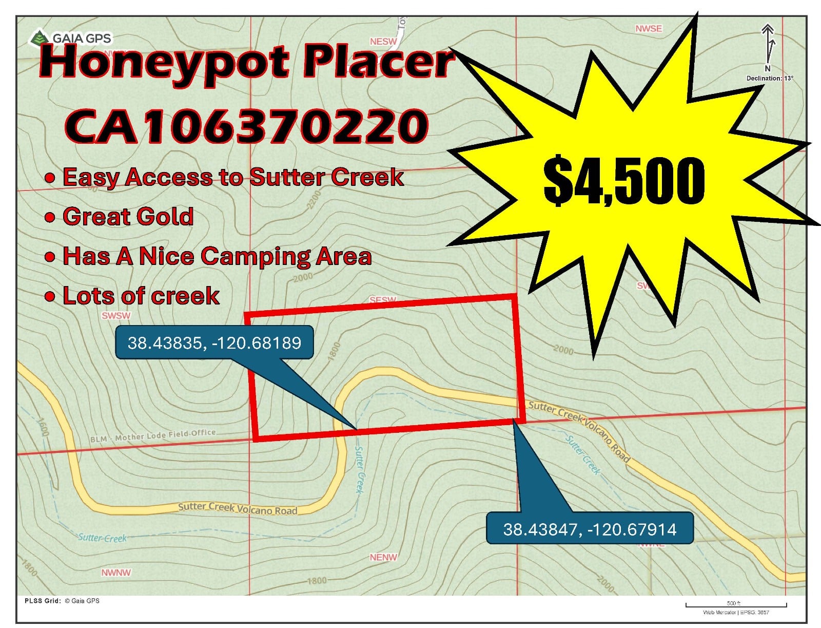 20 Acre Honeypot Placer Mining Claim – Sutter Creek CA – easy acess