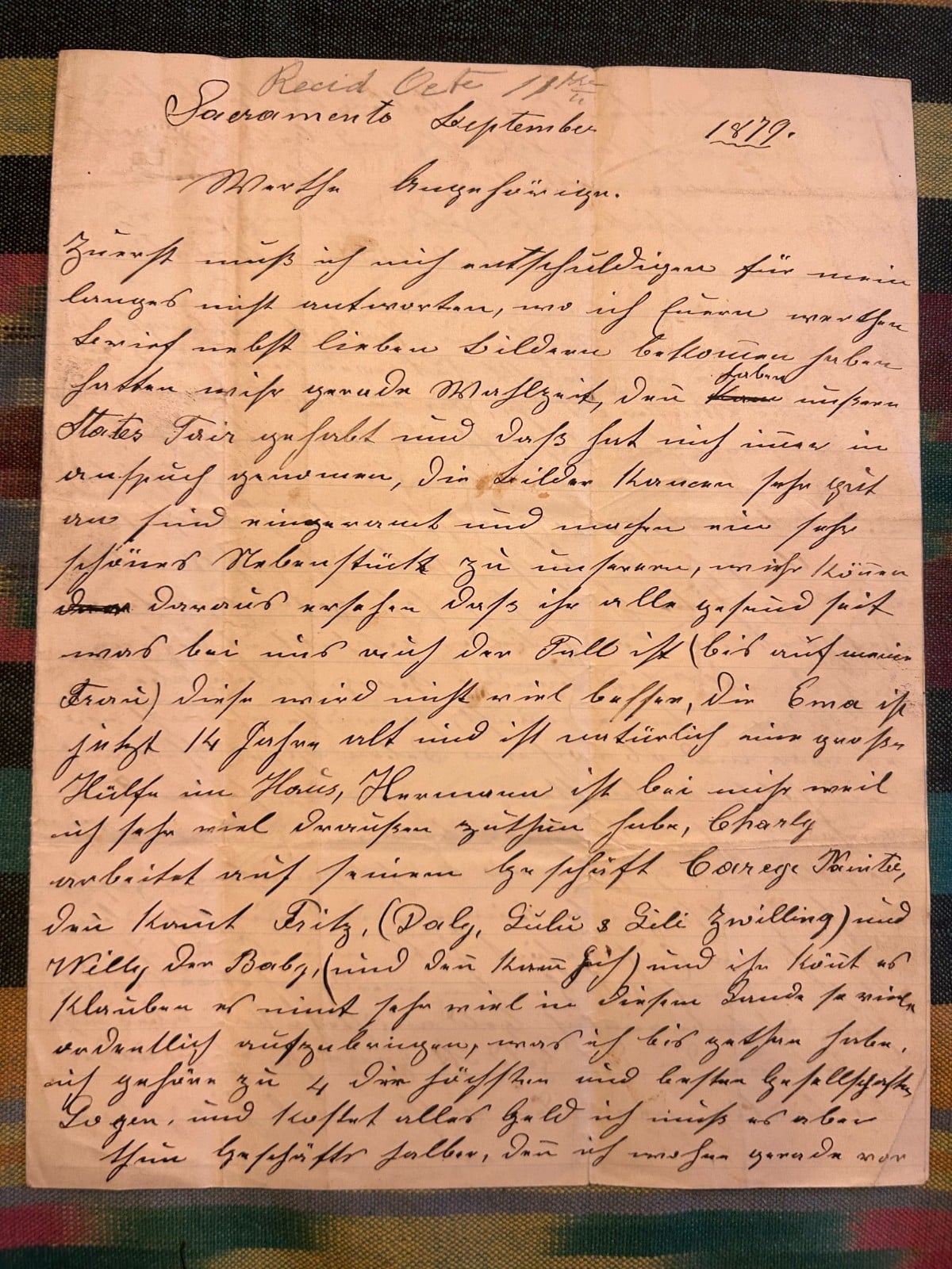 1879 Sacramento CA German Letter Chinese Labor Gold Mines Ulysses S Grant Visit